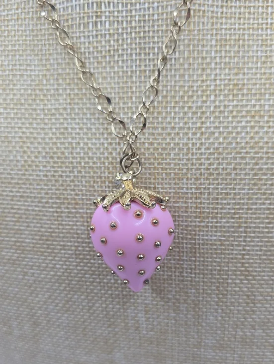 Pink Strawberry Pendant Necklace - Gold Chain - Picture 6 of 10